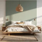 A serene Nordic minimal bedroom with a low-profile platform bed, crisp white linens, and textured throws, illuminated by soft morning light, featuring a pale sage green accent wall, light oak flooring, and a natural rattan pendant light.