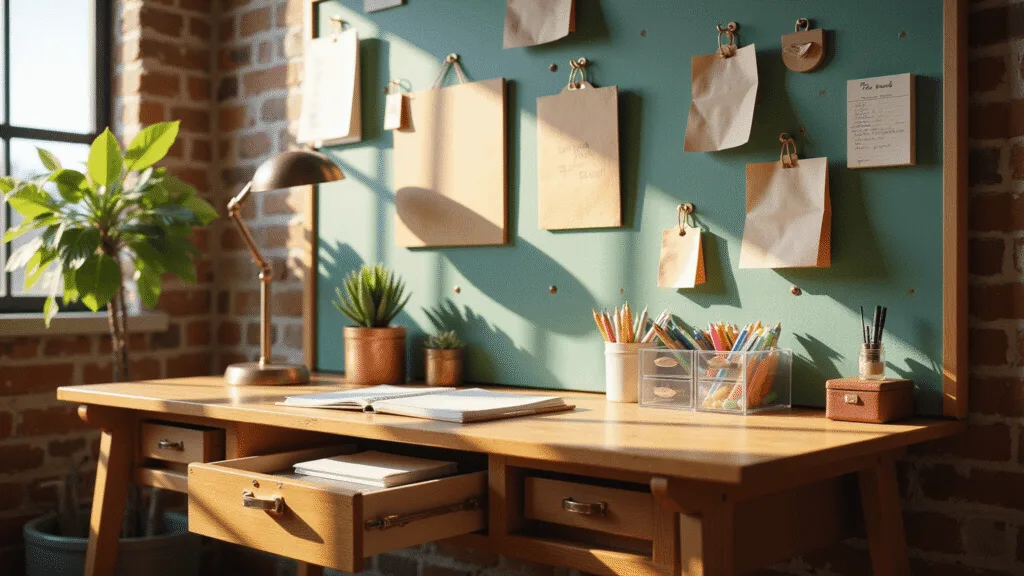 Photorealistic image of a meticulously organized teacher's desk in a sunlit classroom, featuring modern wooden furniture, color-coded organizers, and vintage file holders against a serene backdrop.