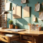 Photorealistic image of a meticulously organized teacher's desk in a sunlit classroom, featuring modern wooden furniture, color-coded organizers, and vintage file holders against a serene backdrop.