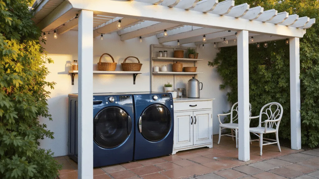 A modern outdoor laundry room in a lush garden, featuring a navy blue washer and dryer under a wooden pergola, a vintage folding station, and galvanized shelves with laundry supplies, illuminated by warm sunlight and surrounded by climbing jasmine and ferns.