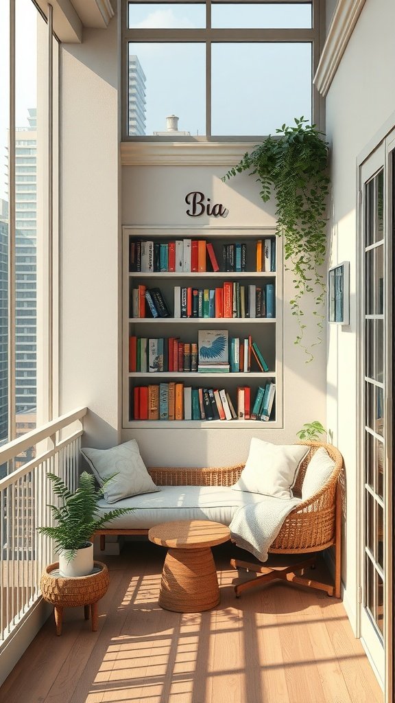 Cozy outdoor reading nook on a small balcony with a bookshelf, seating area, and plants.