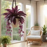 A contemporary sunroom with floor-to-ceiling windows, featuring a cascading Purple Heart plant in a white ceramic planter, modern rattan armchair with cream cushions, layered greenery, and soft bokeh effect, highlighting the plant's royal purple foliage in golden afternoon light.