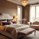 A luxurious master bedroom bathed in golden hour light, featuring a king-sized bed with silk champagne bedding, velvet pillows, and a crystal chandelier, complemented by blush velvet accents and fresh peonies in crystal vases.
