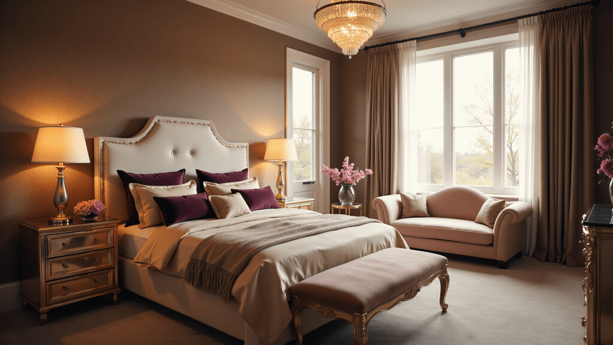 A luxurious master bedroom bathed in golden hour light, featuring a king-sized bed with silk champagne bedding, velvet pillows, and a crystal chandelier, complemented by blush velvet accents and fresh peonies in crystal vases.