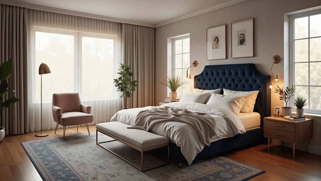 Cinematic wide-angle shot of a luxurious master bedroom during golden hour, featuring a navy tufted velvet king-size bed with white linens, brass wall sconces, and a blush pink velvet reading chair, all illuminated by natural sunlight streaming through sheer white curtains.