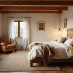 A cozy rustic bedroom bathed in golden hour light, featuring a king-size bed with linen bedding, chunky knit throws, and textured pillows. Exposed cedar beams, wide-plank oak flooring, and a distressed leather armchair complete the inviting atmosphere, with vintage botanical prints and warm, ambient lighting.