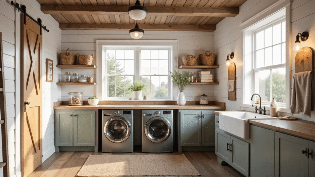 Photorealistic rustic laundry room with white shiplap walls, exposed beams, and a farmhouse window, featuring slate gray washer and dryer, reclaimed wood countertop, open shelving with baskets and jars, a porcelain sink with copper fixtures, Edison bulb lighting, and a vintage ladder drying rack. Warm golden hour lighting enhances the creamy and sage color palette.