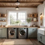 Photorealistic rustic laundry room with white shiplap walls, exposed beams, and a farmhouse window, featuring slate gray washer and dryer, reclaimed wood countertop, open shelving with baskets and jars, a porcelain sink with copper fixtures, Edison bulb lighting, and a vintage ladder drying rack. Warm golden hour lighting enhances the creamy and sage color palette.