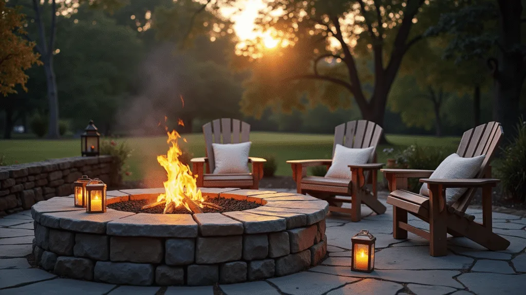 A photorealistic dusk scene featuring a natural stone fire pit surrounded by rough-cut granite blocks and a circular flagstone patio, adorned with Adirondack chairs draped in cream wool throws, copper lanterns, and mason jar tea lights, set amidst mature oak trees with autumn foliage, captured in ultra-wide angle with soft bokeh and cinematic color grading.