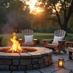 A photorealistic dusk scene featuring a natural stone fire pit surrounded by rough-cut granite blocks and a circular flagstone patio, adorned with Adirondack chairs draped in cream wool throws, copper lanterns, and mason jar tea lights, set amidst mature oak trees with autumn foliage, captured in ultra-wide angle with soft bokeh and cinematic color grading.