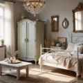 Cinematic shot of a rustic living room with soft natural light filtering through sheer curtains, featuring a vintage bed frame, distressed armoire, whitewashed coffee table with teacups and lavender, and ornate mirrors against textured decor.