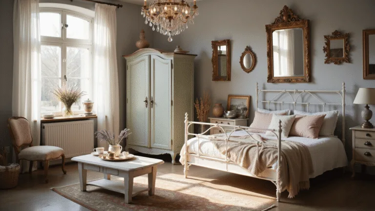 Cinematic shot of a rustic living room with soft natural light filtering through sheer curtains, featuring a vintage bed frame, distressed armoire, whitewashed coffee table with teacups and lavender, and ornate mirrors against textured decor.
