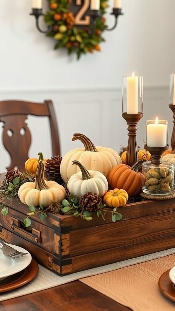 A rustic dining table centerpiece featuring a wooden crate filled with pumpkins, pinecones, and candles.