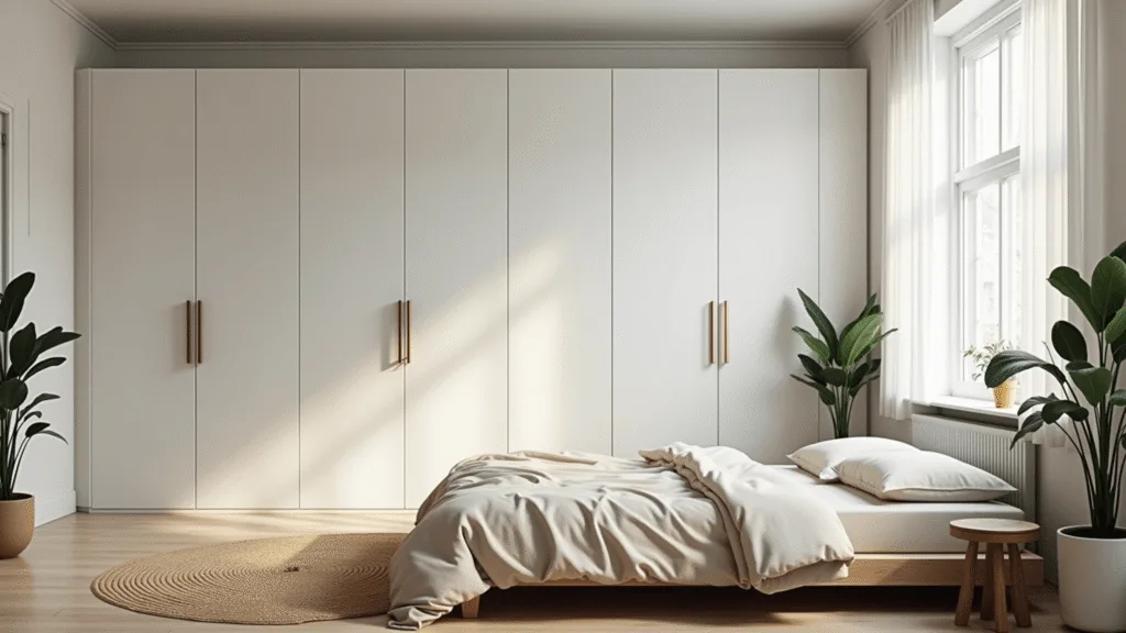 A bright Scandinavian bedroom featuring floor-to-ceiling white cupboards, a low-profile bed with natural linen bedding, a jute rug on light wooden flooring, and potted plants, all illuminated by soft morning light.