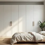 A bright Scandinavian bedroom featuring floor-to-ceiling white cupboards, a low-profile bed with natural linen bedding, a jute rug on light wooden flooring, and potted plants, all illuminated by soft morning light.