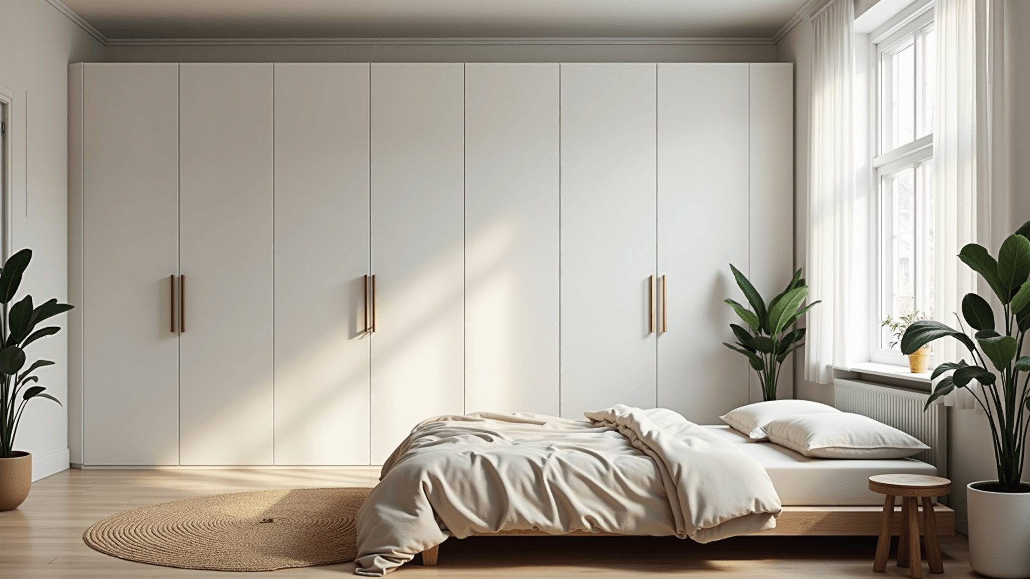 A bright Scandinavian bedroom featuring floor-to-ceiling white cupboards, a low-profile bed with natural linen bedding, a jute rug on light wooden flooring, and potted plants, all illuminated by soft morning light.