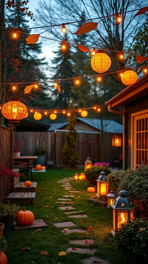 A beautifully lit autumn garden path with lanterns and pumpkins