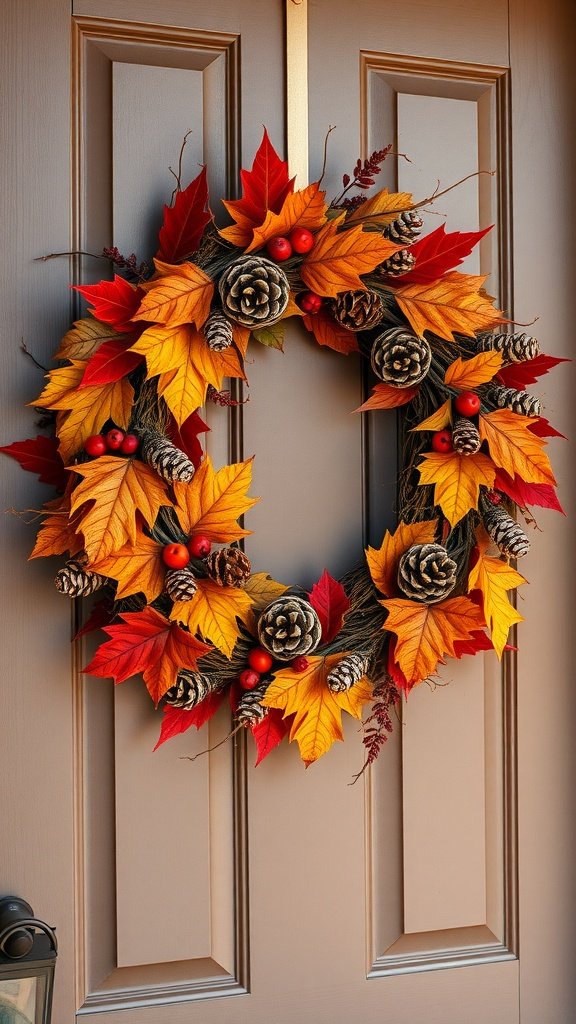 A vibrant autumn wreath with orange and red leaves, pinecones, and berries hanging on a front door.