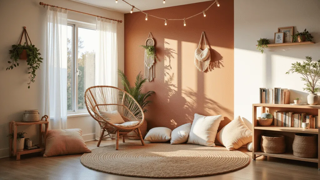 A serene boho-inspired classroom reading nook featuring a large rattan peacock chair surrounded by floor pillows, natural light filtering through sheer curtains, and adorned with children's books, macramé plant holders, and a muted terracotta accent wall.