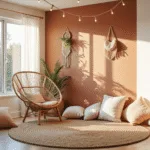 A serene boho-inspired classroom reading nook featuring a large rattan peacock chair surrounded by floor pillows, natural light filtering through sheer curtains, and adorned with children's books, macramé plant holders, and a muted terracotta accent wall.