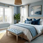 A serene coastal bedroom featuring a king-size bed with crisp white and powder blue bedding, illuminated by natural morning light, against pale blue-gray walls, with natural oak flooring, white furniture, and coastal accents.