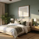 A sophisticated sage green bedroom with golden morning light, featuring a king-size bed, layered organic cotton bedding, modern brass-accented nightstands, and lush plants, captured in photorealistic detail.