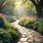 A serene garden path winding through lush shade, dappled sunlight filtering through oak trees, featuring a blue ceramic pot of pink begonias, large hostas, purple astilbe, Japanese ferns, Solomon's Seal, cascading grass, and silver-leafed lamium, with morning mist enhancing the atmosphere.