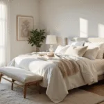 A luxurious white master bedroom illuminated by soft morning light, featuring a king-size bed with textured ivory and cream bedding, whitewashed oak flooring, alabaster nightstands, minimalist art, and a fiddle leaf fig plant, all captured in a photorealistic style.