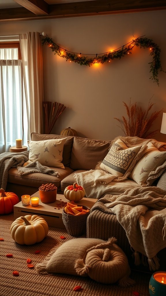 Cozy living room decorated for autumn movie night with pumpkins, blankets, and soft lighting.