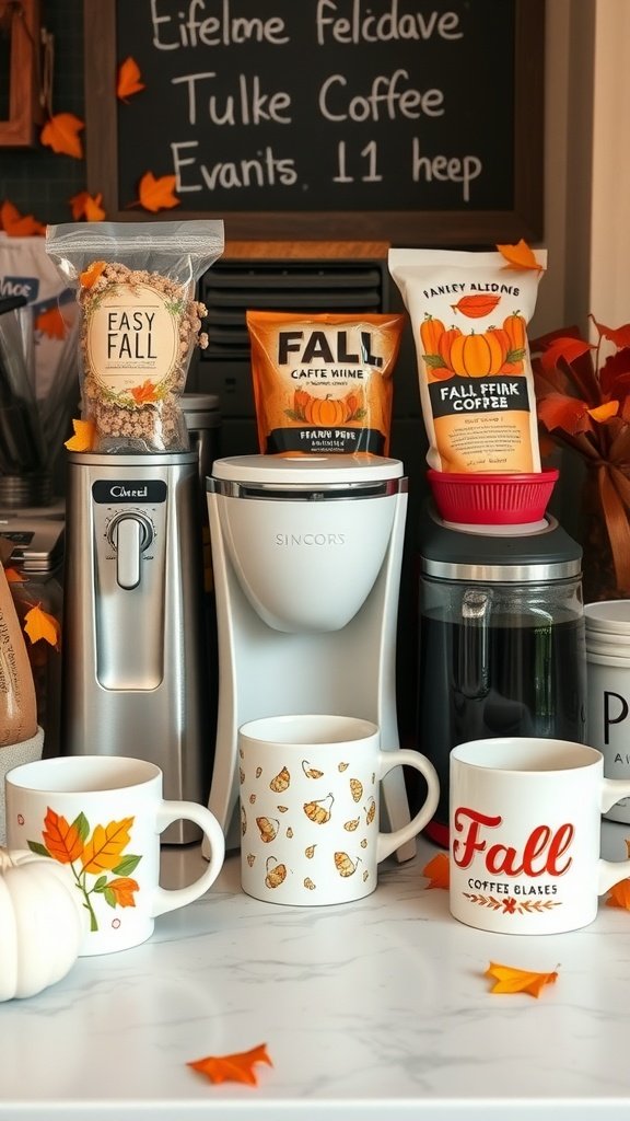 A cozy autumn coffee station with seasonal coffee blends, decorative mugs, and autumn leaves.