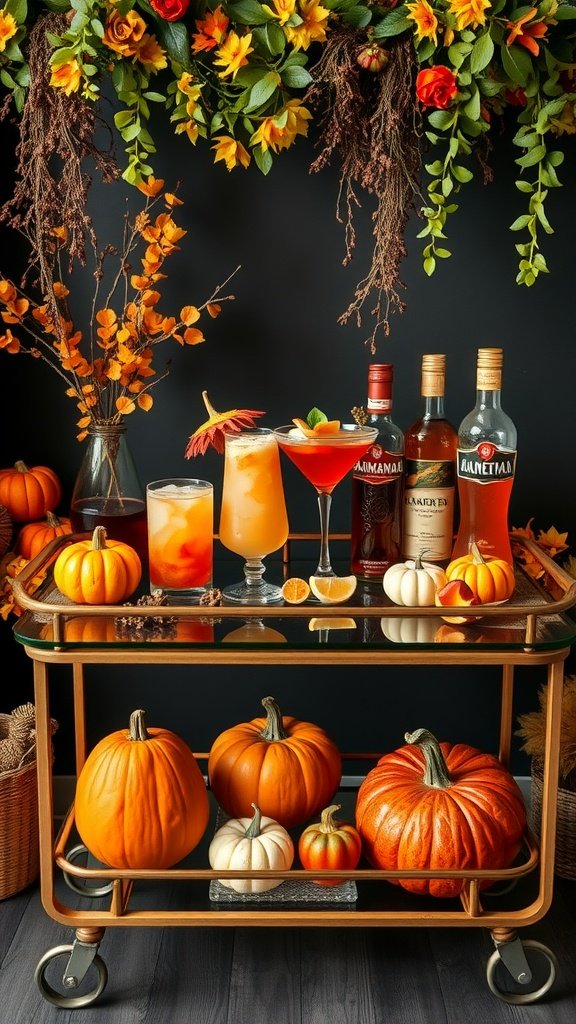 An autumn-themed bar cart with drinks, pumpkins, and fall foliage.