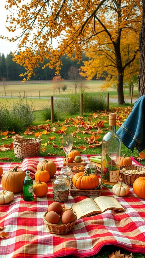 An autumn picnic setup with pumpkins, a checkered blanket, and a book on the grass surrounded by colorful leaves.