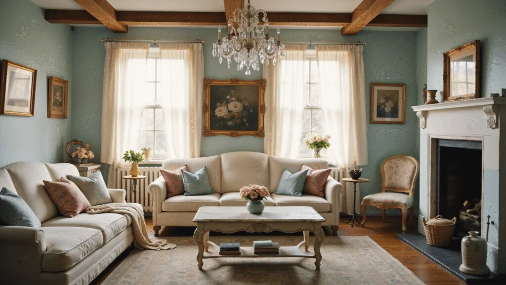 A sunlit shabby chic living room featuring a distressed white slipcovered sofa with vintage floral pillows, a weathered coffee table, and a faded Persian rug, adorned with softness from gauzy curtains and a crystal chandelier, all captured in a dreamy, photorealistic style.