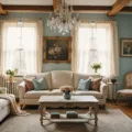 A sunlit shabby chic living room featuring a distressed white slipcovered sofa with vintage floral pillows, a weathered coffee table, and a faded Persian rug, adorned with softness from gauzy curtains and a crystal chandelier, all captured in a dreamy, photorealistic style.