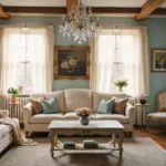 A sunlit shabby chic living room featuring a distressed white slipcovered sofa with vintage floral pillows, a weathered coffee table, and a faded Persian rug, adorned with softness from gauzy curtains and a crystal chandelier, all captured in a dreamy, photorealistic style.