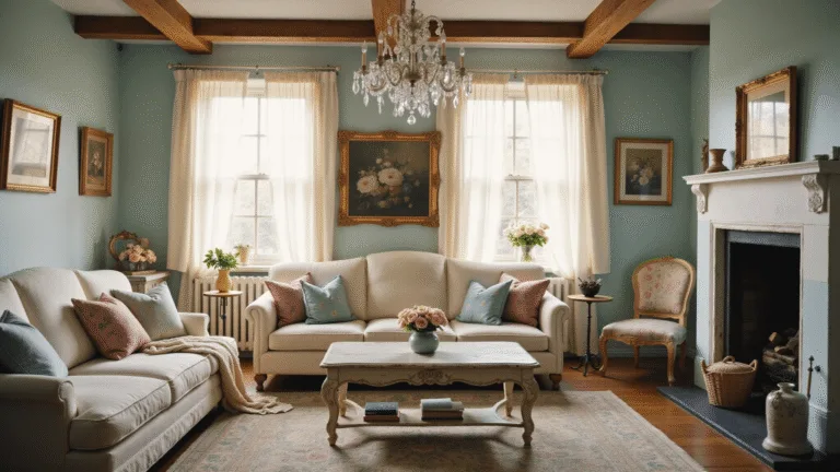 A sunlit shabby chic living room featuring a distressed white slipcovered sofa with vintage floral pillows, a weathered coffee table, and a faded Persian rug, adorned with softness from gauzy curtains and a crystal chandelier, all captured in a dreamy, photorealistic style.