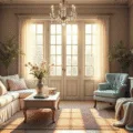 Photorealistic image of a sunlit shabby chic living room featuring a cream slipcovered sofa with pastel floral cushions, a distressed white coffee table, and vintage decor, illuminated by golden hour light through sheer lace curtains.