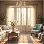 Photorealistic image of a sunlit shabby chic living room featuring a cream slipcovered sofa with pastel floral cushions, a distressed white coffee table, and vintage decor, illuminated by golden hour light through sheer lace curtains.