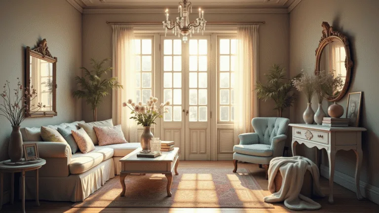 Photorealistic image of a sunlit shabby chic living room featuring a cream slipcovered sofa with pastel floral cushions, a distressed white coffee table, and vintage decor, illuminated by golden hour light through sheer lace curtains.