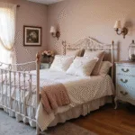 A dreamy vintage bedroom with a distressed white iron bed adorned in soft linen bedding and embroidered pillows, bathed in golden hour light. A weathered French provincial dresser and ornate mirror complement the blush pink walls, while floral rugs and brass sconces enhance the romantic atmosphere.