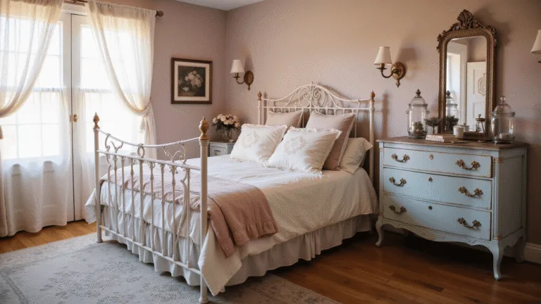 A dreamy vintage bedroom with a distressed white iron bed adorned in soft linen bedding and embroidered pillows, bathed in golden hour light. A weathered French provincial dresser and ornate mirror complement the blush pink walls, while floral rugs and brass sconces enhance the romantic atmosphere.