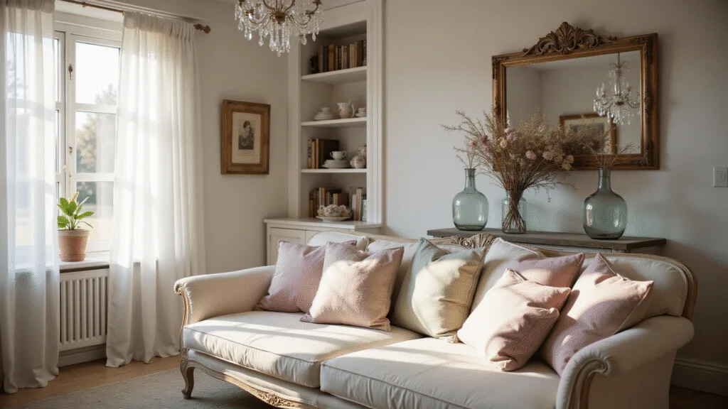 A dreamy vintage living room featuring a weathered French provincial sofa with layered pastel pillows, an ornate gilt mirror, and a distressed side table with vases of flowers, all lit with warm golden hour light and soft shadows.