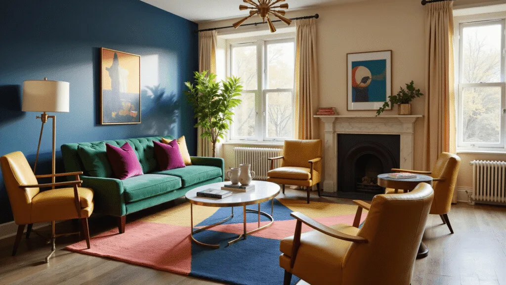 A sunlit living room featuring a sapphire blue accent wall, emerald green velvet sofa with jewel-toned pillows, mustard yellow leather armchairs, and a brass and marble coffee table, all set against a geometric rug with rich colors, highlighted by layered lighting and decorative plant elements.