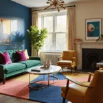 A sunlit living room featuring a sapphire blue accent wall, emerald green velvet sofa with jewel-toned pillows, mustard yellow leather armchairs, and a brass and marble coffee table, all set against a geometric rug with rich colors, highlighted by layered lighting and decorative plant elements.