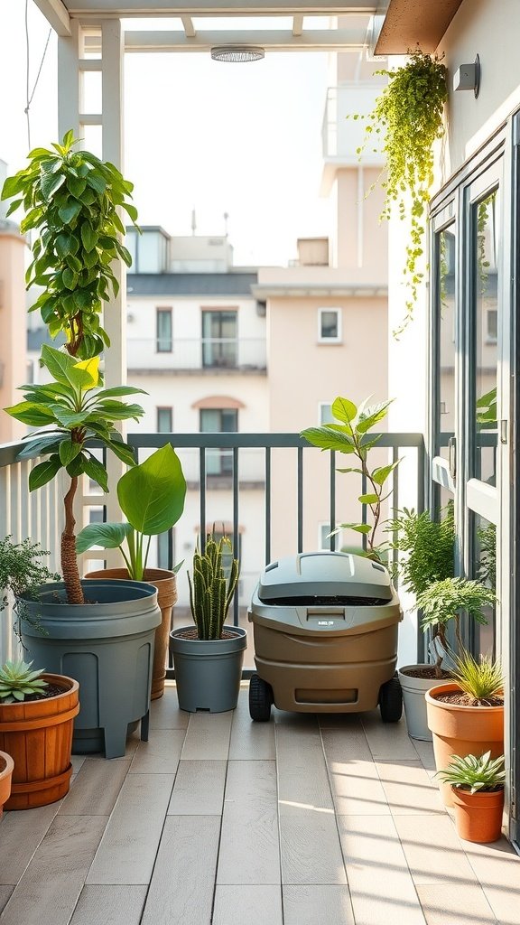 A small balcony with various potted plants and a compost bin, showcasing sustainable practices.