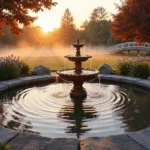 A tranquil garden pond at sunset, featuring a circular stone-edged pond with a three-tiered copper fountain, Japanese maple trees, and water lilies, illuminated by landscape lighting and mist hovering over the water surface.