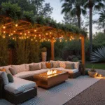 Cinematic wide-angle photograph of a luxurious tropical backyard oasis featuring a sunken fire pit and plush sectional seating, framed by bamboo and palms at golden hour.