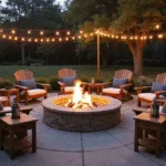 Cinematic wide-angle view of a luxurious backyard fire pit area at dusk, featuring a circular stone fire pit surrounded by teak Adirondack chairs with cushions, draped Edison string lights, and lush landscaping.