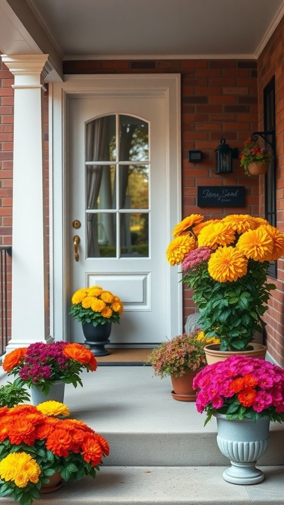 Colorful mums in various pots on a porch, enhancing autumn home decor.