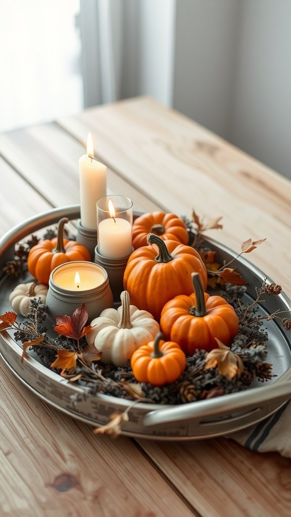 A decorative tray with pumpkins and candles for autumn home decor